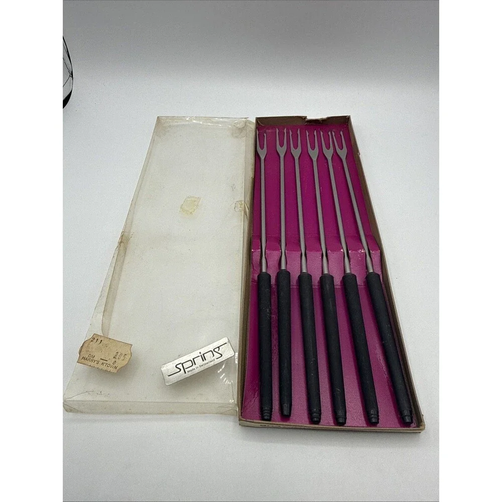 Vintage Spring Switzerland Fondue Fork Set/6 Original Box Black Handle Party
